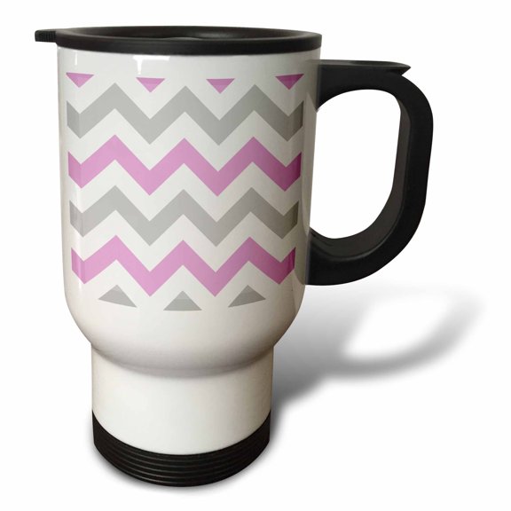 3drose, Pink and Grey Chevron Zig Zag Pattern - White Pastel Zigzag Stripes, 14oz Stainless Steel Travel Mug
