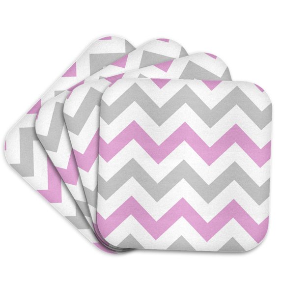 3drose, Pink and Grey Chevron Zig Zag Pattern - White Pastel Zigzag Stripes, Set of 4 Coasters - Cork