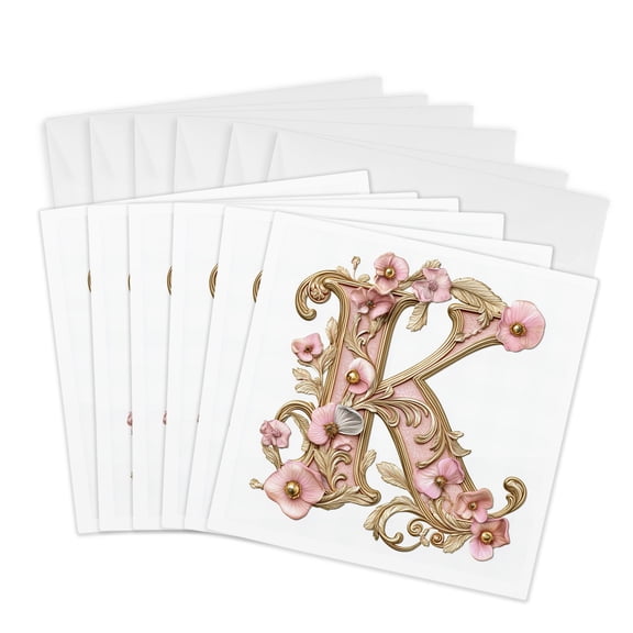 3drose, Pink and Image of Gold Floral Monogram Initial K, 6 Greeting Cards with Envelopes