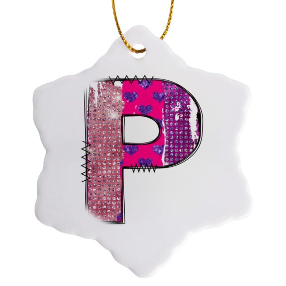 3drose, Pink and Purple Hearts and Dots Grunge Monogram Initial P, 3 inch Snowflake Porcelain Ornament