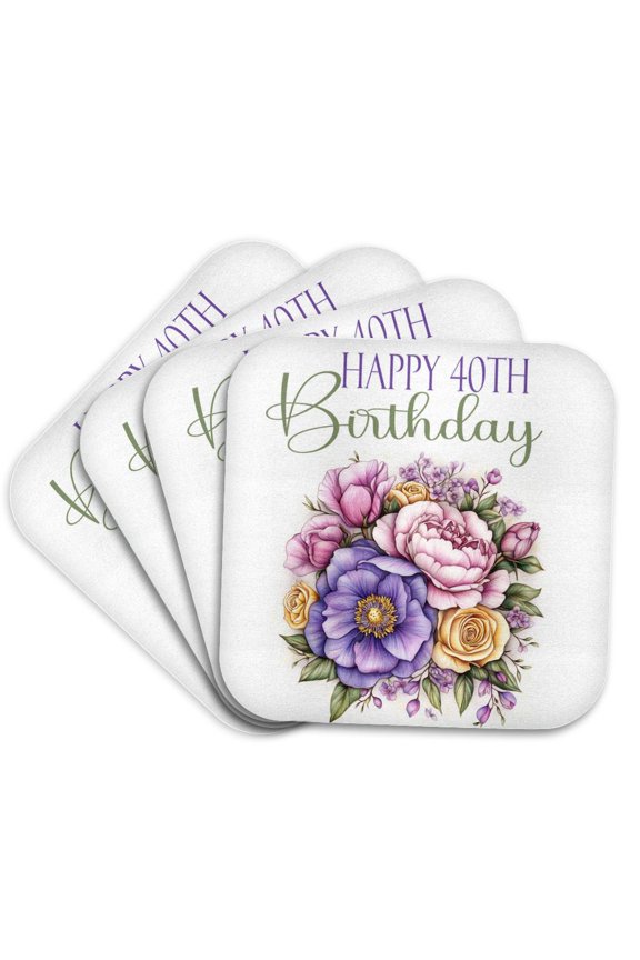 , Pink and Purple Peony Happy 40th Birthday, Set of 4 Coasters - Soft