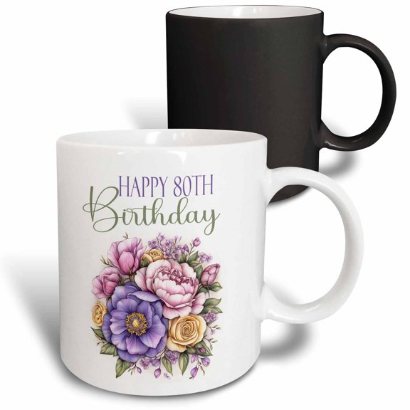 3drose, Pink and Purple Peony Happy 80th Birthday, 11oz Magic Transforming Mug