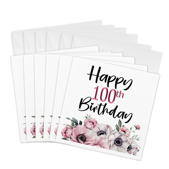 3drose, Pink and White Anemone Flowers Happy 100th Birthday, 6 Greeting Cards with Envelopes