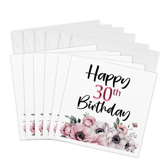 3drose, Pink and White Anemone Flowers Happy 30th Birthday, 6 Greeting Cards with Envelopes