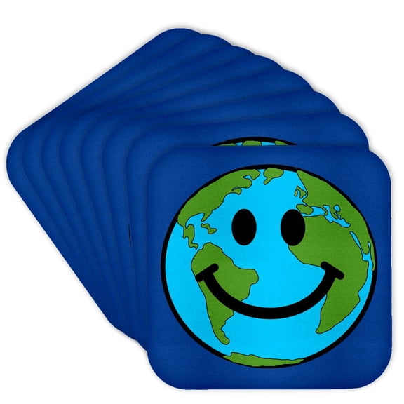 3drose, Planet Earth Smiling Face - Happy World Globe Earth Day - Smilie for Peace Eco Friendly Green Symbol, Set of 8 Coasters - Soft