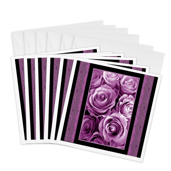 3drose, Plum Puple Rose Bouquet Surrounded by Purple Damask Ribbon Trim, 6 Greeting Cards with Envelopes