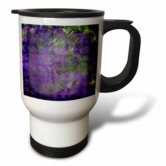 3drose, Plum Purple and Lime Green Diamond Abstract Design with Leaves, 14oz Stainless Steel Travel Mug