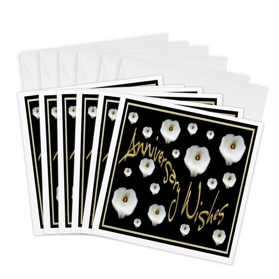 3drose, Polka Dot Calla Lilies Isolated on Black with Happy Anniversary Text, 6 Greeting Cards with Envelopes