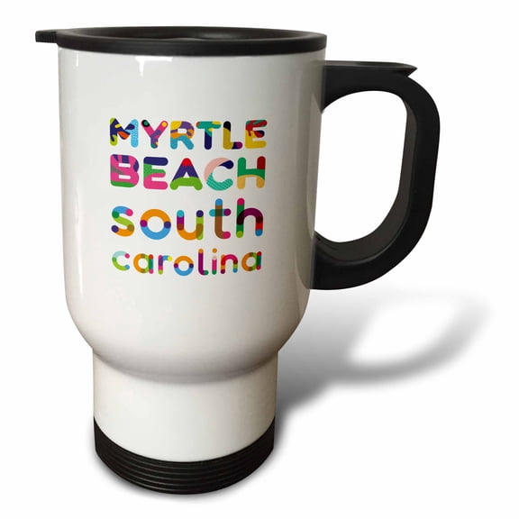 3drose, Popular American Beaches. Myrtle Beach, South Carolina Colorful Text, 14oz Stainless Steel Travel Mug