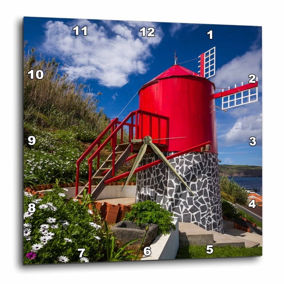 3drose, Portugal, Azores, Faial Island, Horta. Small Traditional Windmill, 13x13 Wall Clock