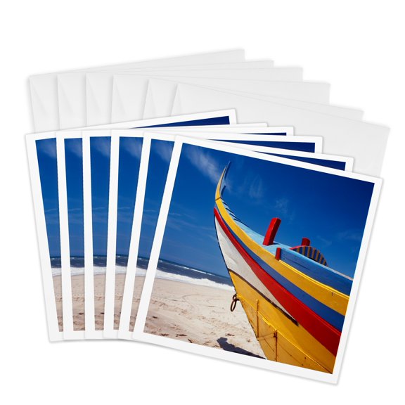 3drose, Portugal, Mira, Silver Coast, Bow of Colorful Fishing Boat, 6 Greeting Cards with Envelopes