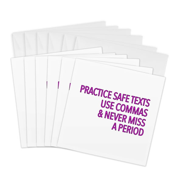 3drose, Practice Safe Texts Use Commas and Never Miss a Period Pink, 6 Greeting Cards with Envelopes