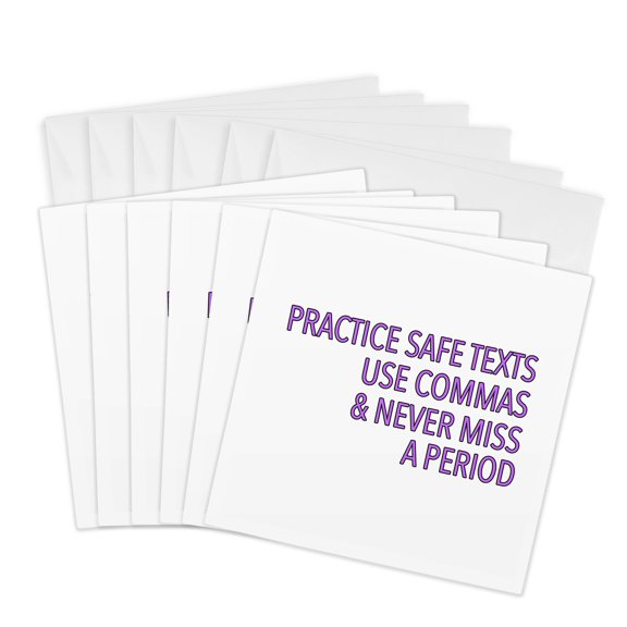 3drose, Practice Safe Texts Use Commas and Never Miss a Period Purple, 6 Greeting Cards with Envelopes