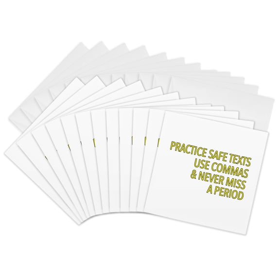 3drose, Practice Safe Texts Use Commas and Never Miss a Period Yellow, 12 Greeting Cards with Envelopes