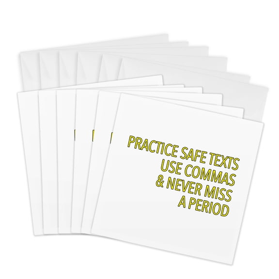 3drose, Practice Safe Texts Use Commas and Never Miss a Period Yellow, 6 Greeting Cards with Envelopes