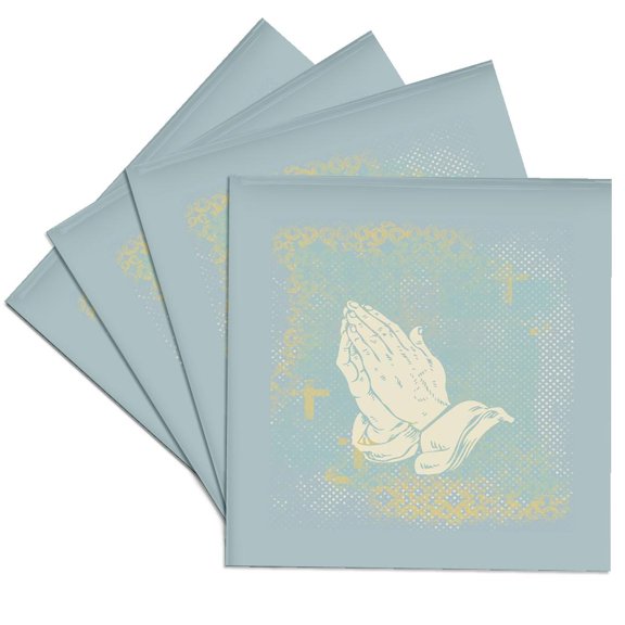 3drose, Praying Hands with Crosses, Blue, Cream and Sepia, Set of 4 Ceramic Tile Coasters