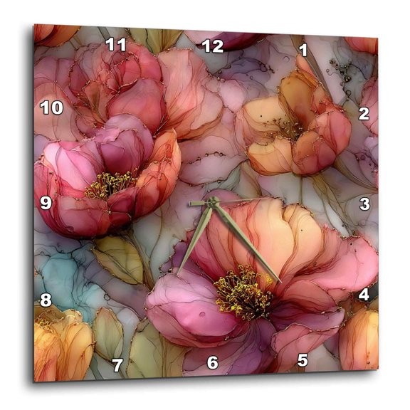 3drose, Pretty Alcohol Ink Pink and Orange Flower Pattern, 10x10 Wall Clock