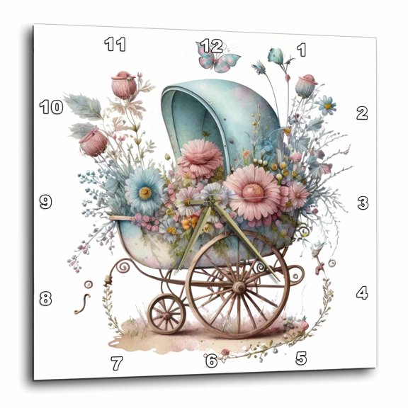 3drose, Pretty Blue Floral Baby Carriage with Butterflies Illustration, 15x15 Wall Clock