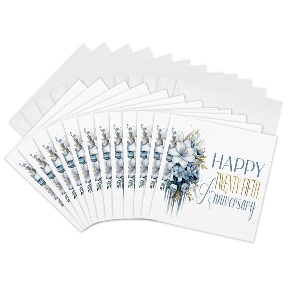 3drose, Pretty Blue Floral Happy Twenty Fifth Anniversary, 12 Greeting Cards with Envelopes