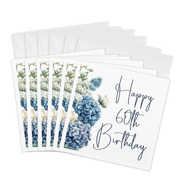 3drose, Pretty Blue Hydrangea Happy 60th Birthday, 6 Greeting Cards with Envelopes
