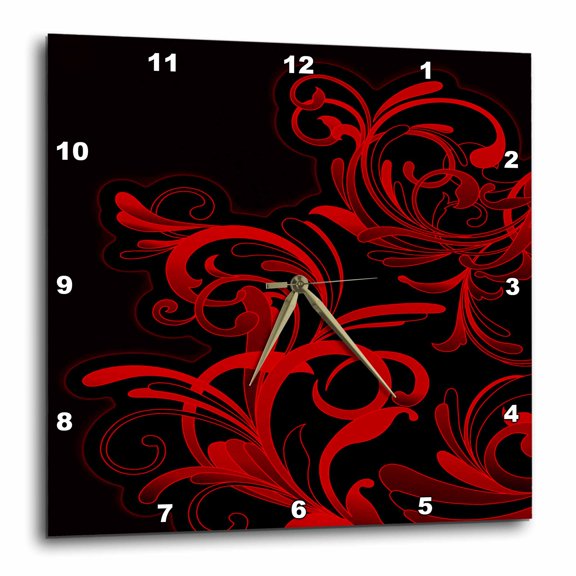 3drose, Pretty Bright Red Double Flourishes Against a Black Background, 15x15 Wall Clock