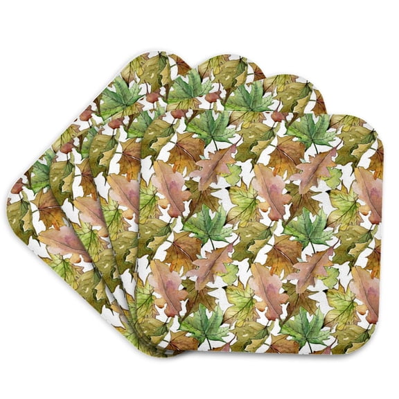 3drose, Pretty Brown and Green Fall Oak Leaves Pattern, Set of 4 Coasters - Cork