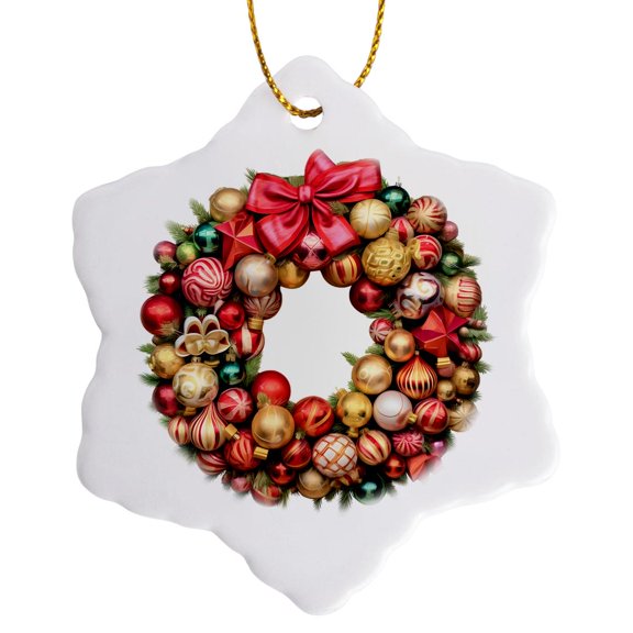 3drose, Pretty Christmas Ornament Wreath Illustration, 3 inch Snowflake Porcelain Ornament