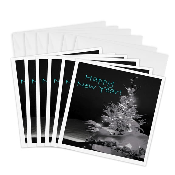 3drose, Pretty Christmas Tree Happy New Year in Black and White with Light Blue Text, 6 Greeting Cards with Envelopes