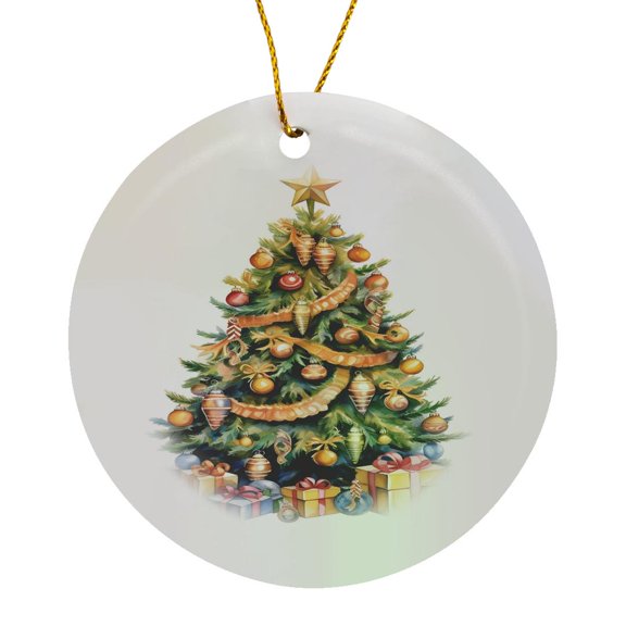 3drose, Pretty Christmas Tree and Gifts Illustration, Circle Porcelain Ornament