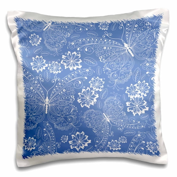 3drose, Pretty Cornflower Blue Filigree Butterfly and Floral Pattern, 16x16 inch Pillow Case