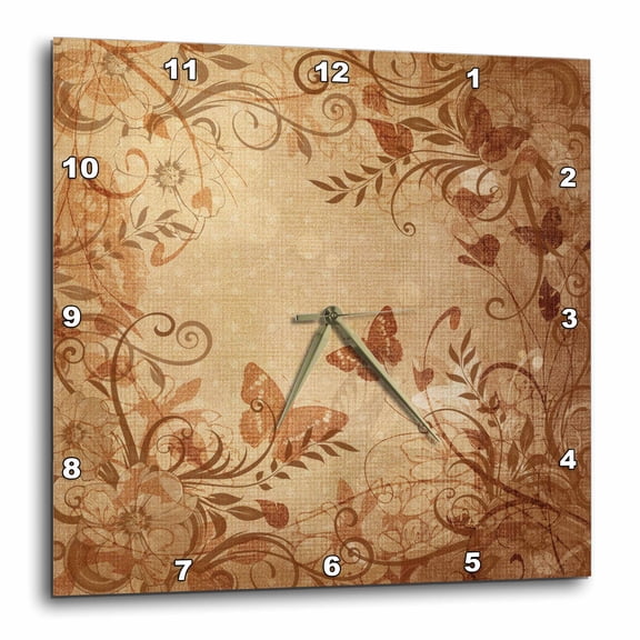 3drose, Pretty Damask Floral Accented Earth Tones Butterfly Designer Original, 10x10 Wall Clock