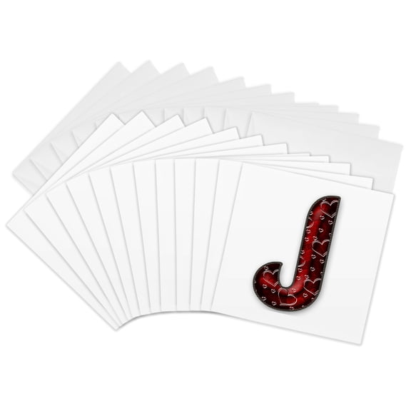 3drose, Pretty Deep Red Clear Hearts Monogram Initial J, 12 Greeting Cards with Envelopes