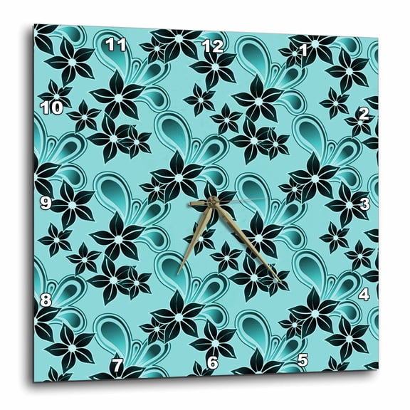 3drose, Pretty Deep Turquoise Flowers on a Flourish on a Light Blue Background, 15x15 Wall Clock