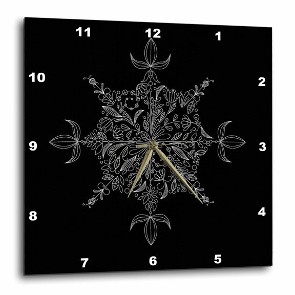 3drose, Pretty Eight Point Flower Patterned Snowflake in White on a Black Background, 15x15 Wall Clock
