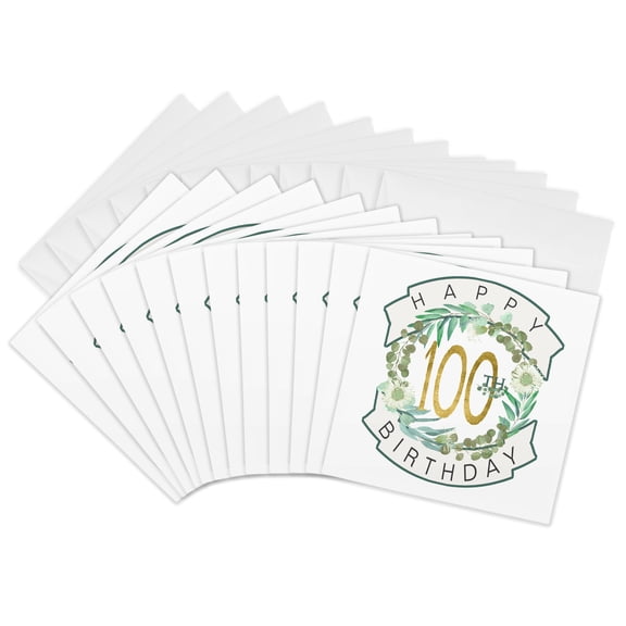 3drose, Pretty Eucalyptus Leaf Wreath Happy 100th Birthday, 12 Greeting Cards with Envelopes
