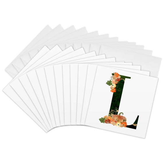 3drose, Pretty Fall Flowers and Pumpkins Monogram Initial L, 12 Greeting Cards with Envelopes