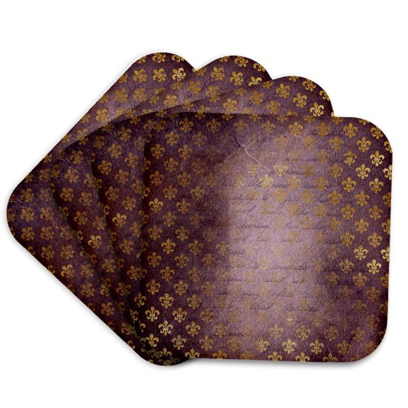 3drose, Pretty Faux Gold Fleur De Lis on Purple Ephemra Pattern, Set of 4 Coasters - Cork