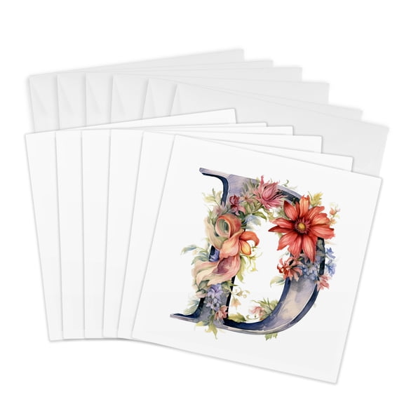 3drose, Pretty Floral Monogram D, 6 Greeting Cards with Envelopes