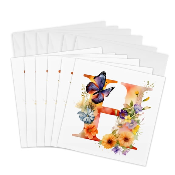 3drose, Pretty Floral Monogram Initial H, 6 Greeting Cards with Envelopes