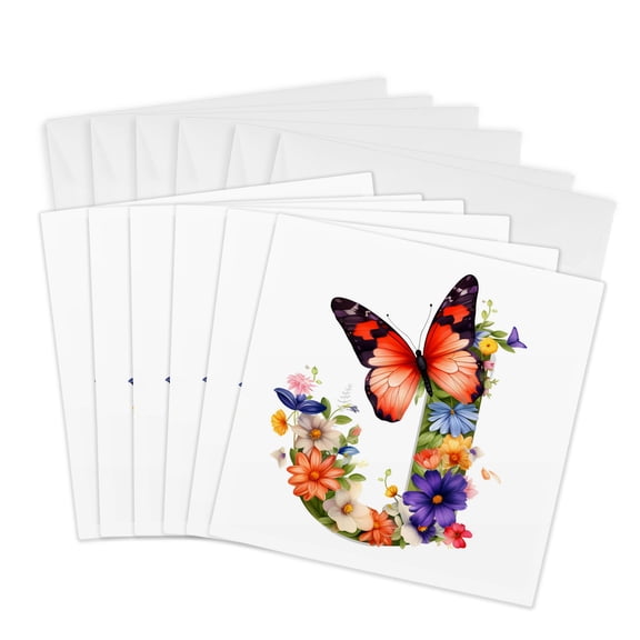 3drose, Pretty Floral Monogram Initial J, 6 Greeting Cards with Envelopes