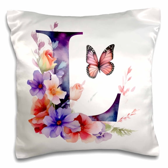 3drose, Pretty Floral Monogram Initial L, 16x16 inch Pillow Case