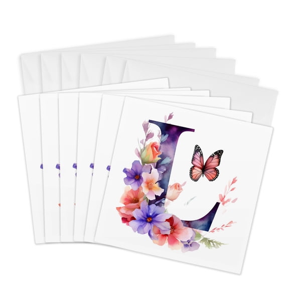 3drose, Pretty Floral Monogram Initial L, 6 Greeting Cards with Envelopes