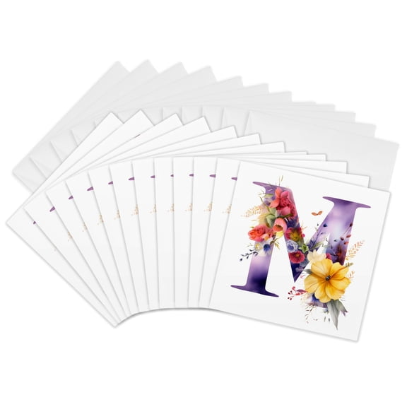3drose, Pretty Floral Monogram Initial M, 12 Greeting Cards with Envelopes