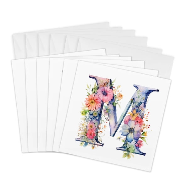 3drose, Pretty Floral Monogram M, 6 Greeting Cards with Envelopes