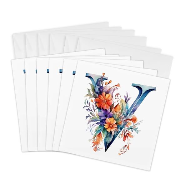 3drose, Pretty Floral Monogram V, 6 Greeting Cards with Envelopes