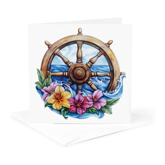 3drose, Pretty Floral Ocean Wave Sailing Wheel Illustration, 1 Greeting Card with Envelope