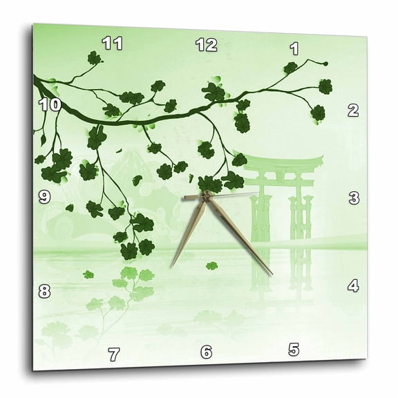 3drose, Pretty Green Cherry Clossoms Against a Peaceful Green Oriental Scene, 15x15 Wall Clock