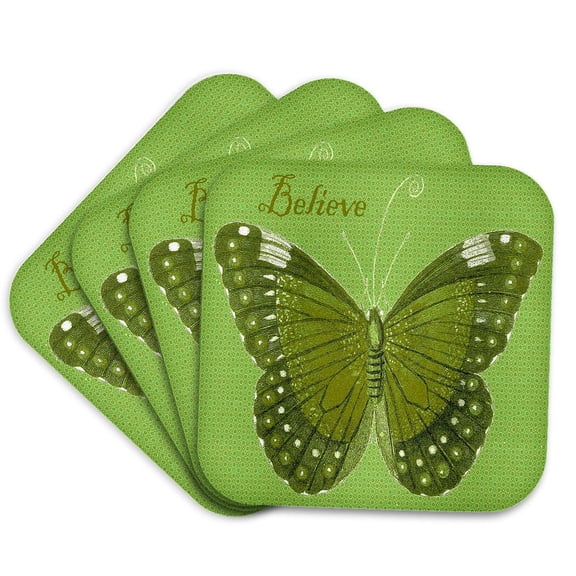 3drose, Pretty Green Patterned Butterfly with the Word Believe, Set of 4 Coasters - Soft