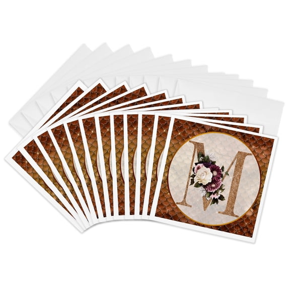3drose, Pretty Image of Copper Gold Pink Floral Monogram Initial M, 12 Greeting Cards with Envelopes