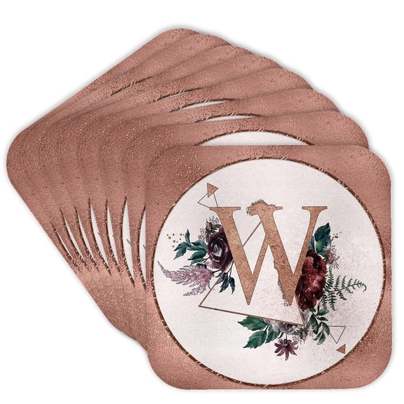 3drose, Pretty Image of Rose Gold Geometric Floral Monogram Initial W, Set of 8 Coasters - Cork